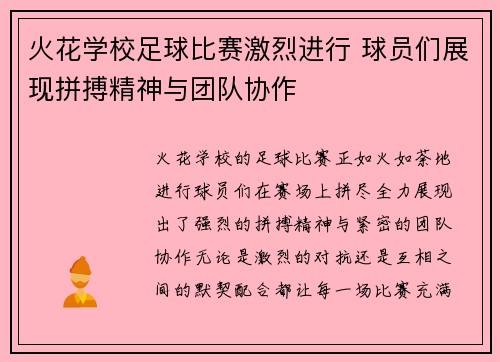 火花学校足球比赛激烈进行 球员们展现拼搏精神与团队协作