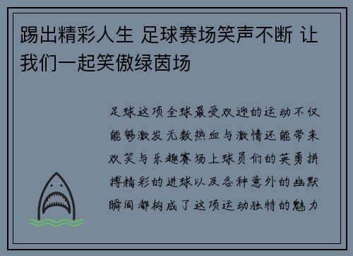 踢出精彩人生 足球赛场笑声不断 让我们一起笑傲绿茵场